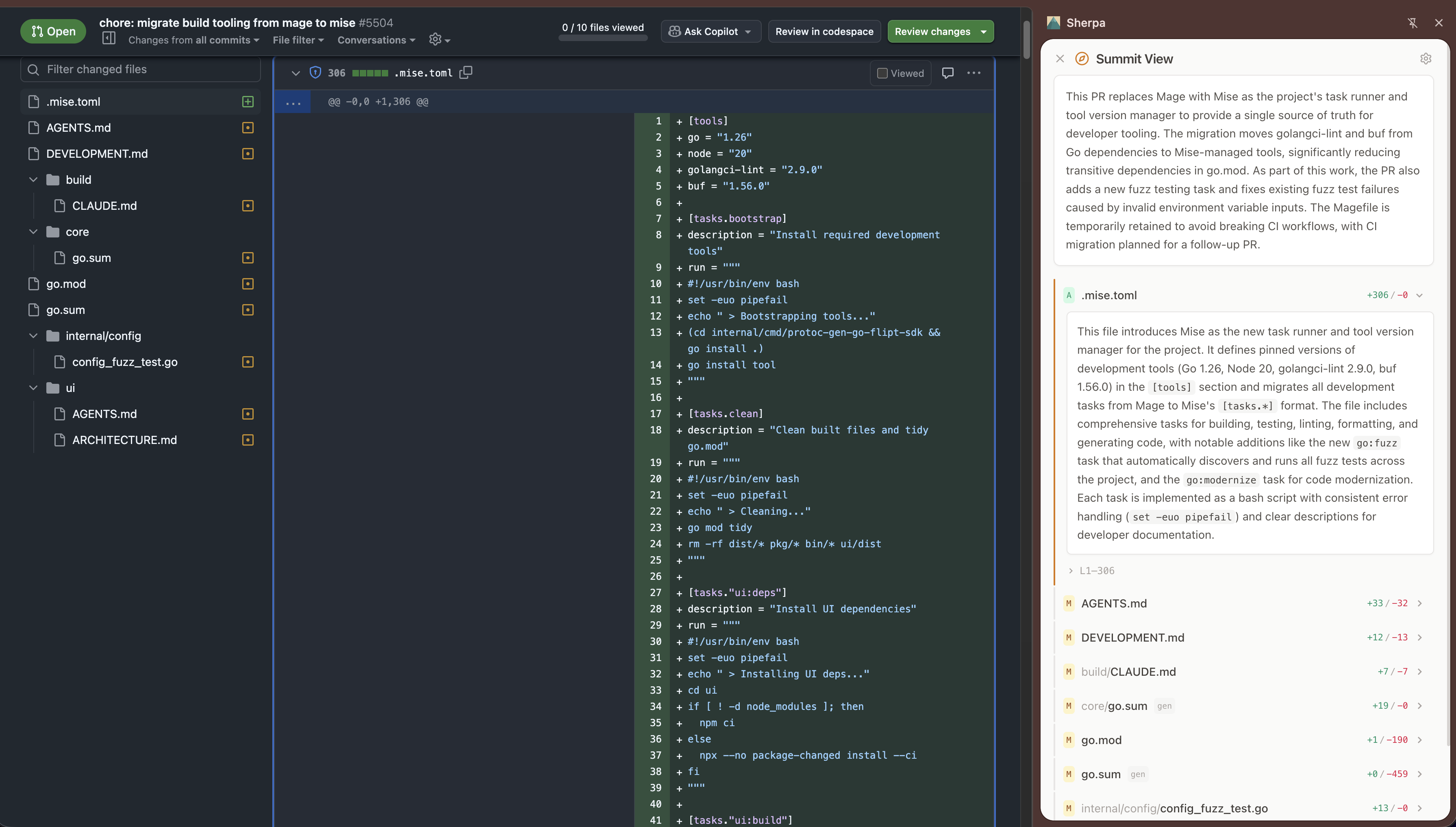 Sherpa sidebar open alongside a GitHub pull request diff view