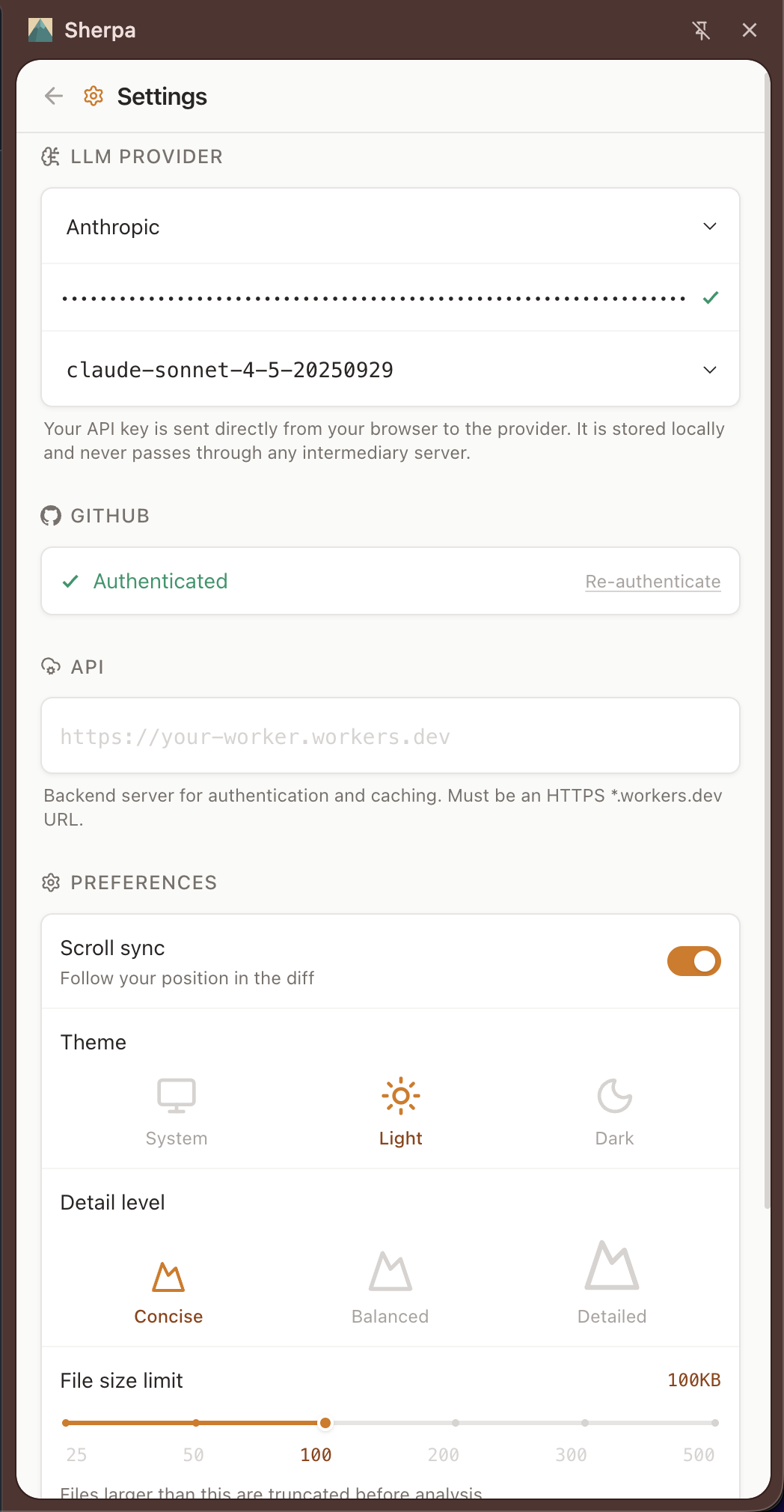 Sherpa settings panel showing provider selection and API key configuration