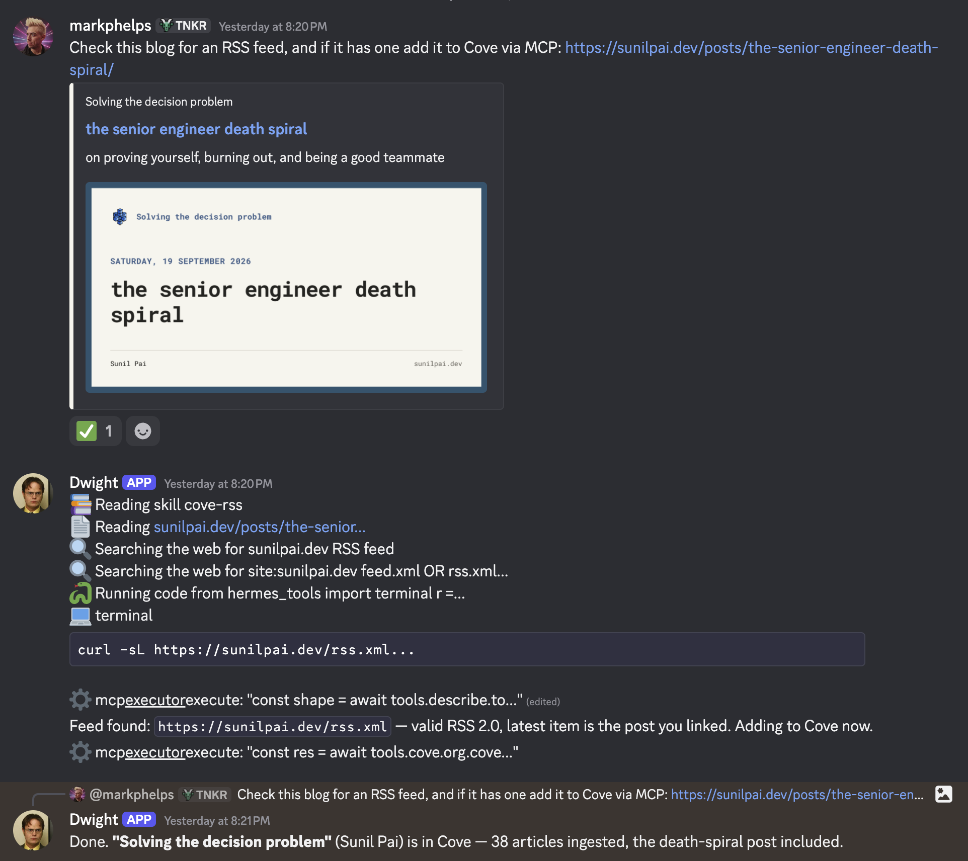 Discord conversation: I paste a blog URL and ask the agent to add it to Cove. The agent reads the post, searches for the feed, curls it to validate, then replies that the blog is in Cove with 38 articles ingested