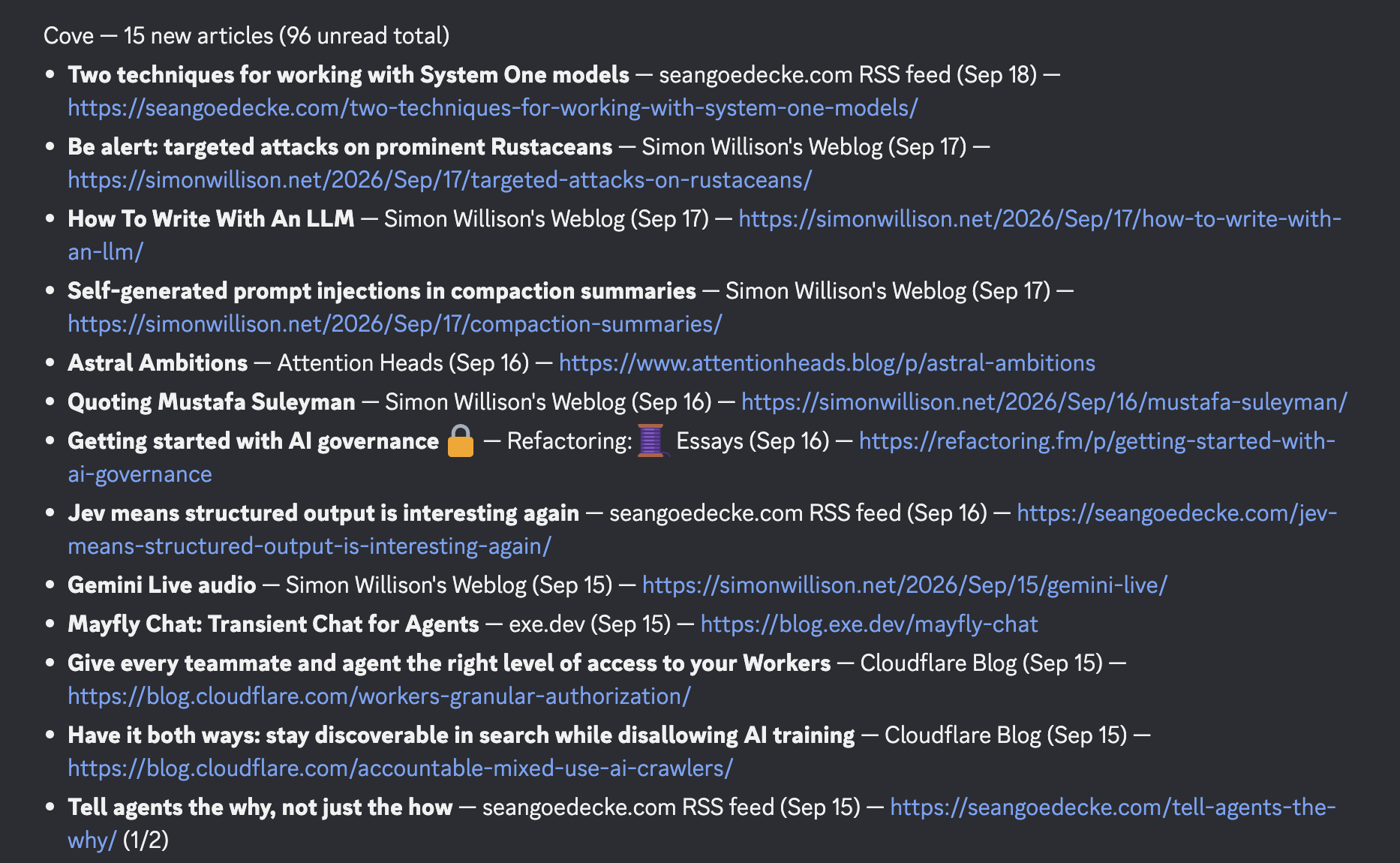 A Cove digest in Discord: a header reading 15 new articles, 96 unread total, followed by a bulleted list of article titles with feed name, date, and link