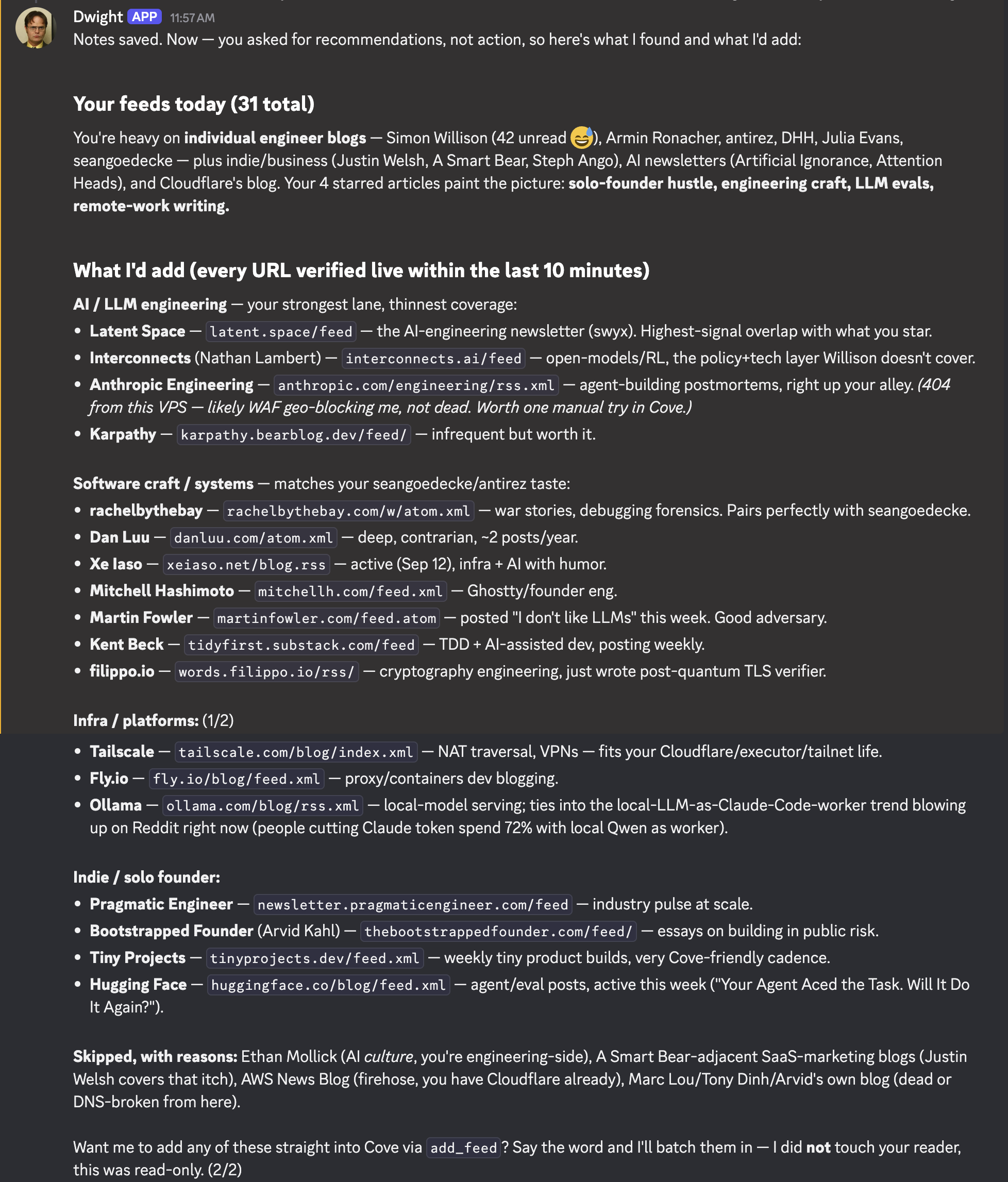 The agent's recommendations in Discord: a summary of my 31 existing feeds, then 18 suggested blogs grouped by topic with feed URLs and reasons, a list of what it skipped, and a closing offer to add them